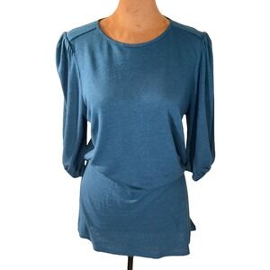H by Bordeaux Linen Blend Puff Sleeve Top Women's Medium Teal Blue Green NWOT